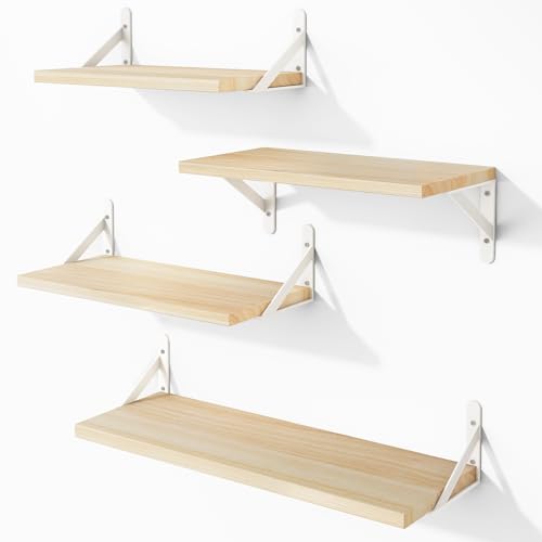 YGEOMER Floating Shelves for Wall, Different Sizes Natural Wood Wall Shelves for Living Room, Bathroom, Bedroom, Kitchen, Home Decor (Set of 4) - color: Natural Wood&white, size: 16inch Mixed