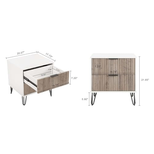 20" Sturdy Metal Legs Small Nightstand, Modern Nightstand with Textured Drawers, Storage Cabinet for Indoor Home use, Grey+White - color: Grey+white