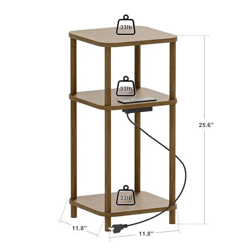 Bamboo End Table with Charging Station, Side Table for Small Space, Small Table Stand, Narrow Wooden Bedside Table Nightstand with Shelves, for Nursery, Living Room, Bedroom, Brown - color: Brown