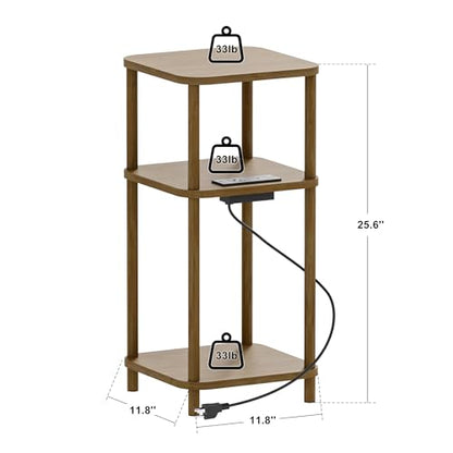 Bamboo End Table with Charging Station, Side Table for Small Space, Small Table Stand, Narrow Wooden Bedside Table Nightstand with Shelves, for Nursery, Living Room, Bedroom, Brown - color: Brown