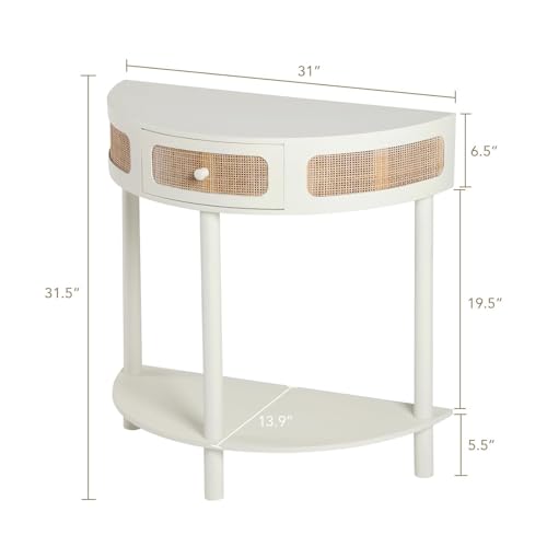 Wnutrees Rattan Half Moon Console Table, Modern Entryway Table with Drawer, Boho Sofa Table with Bottom Storage Shelf, Small Semicircular Tables for Hallway, Living Room, White - color: White