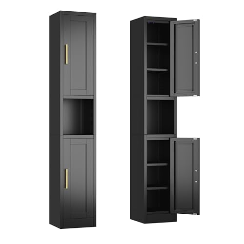Ckzbx Tall Narrow Storage Cabinet 66.93" H Tall Bathroom Cabinets Metal Pantry Cabinet, 4 Adjustable Shelves for Kitchen, Home Office, Living Room, Dinning Room (12 inches Wide Black) - color: Black, size: 2Door-12"W