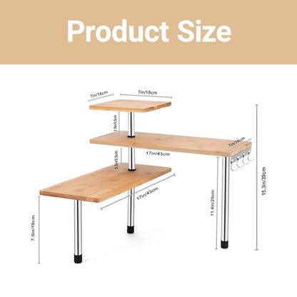 3-Tier Corner Shelf, Bamboo & Metal Storage Rack with Hooks, Adjustable Countertop Organizer for Kitchen, Bathroom, Bedroom or Office