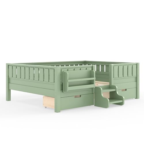 Bellemave Full Size Montessori Bed with Bookshelf and 2 Storage Drawers for Kids, Low Platform Bed Frame with Staircase Design and High Fence,Pine Wood,No Box Spring Needed (Full, Green,Drawers) - color: Green, size: Full-Drawers