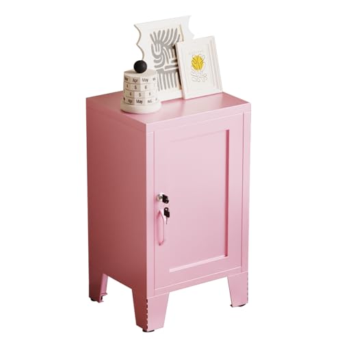 ALBAD Metal Nightstand with Lockable Cabinet | Compact Mini Locker Bedside Table for Kids & Adults, Modern Steel Side Table for Bedroom, Dorm, or Living Room, Pink - color: Pink, size: 24"H-Lockable Door
