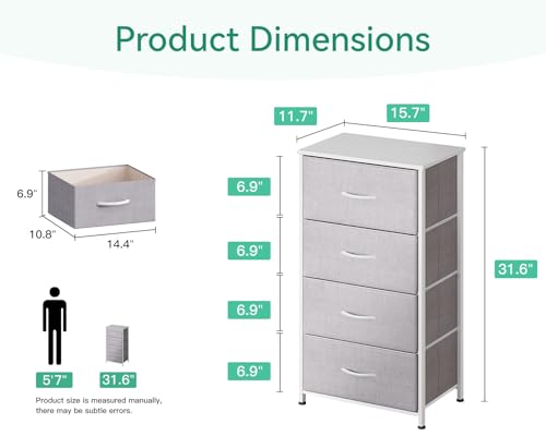 AODK Small Dresser for Bedroom with 4 Storage Drawers, Light Grey | Dressers Chest of Drawers Fabric Dresser with Sturdy Steel Frame, Dressers for Closet with Wood Top - color: Light Grey