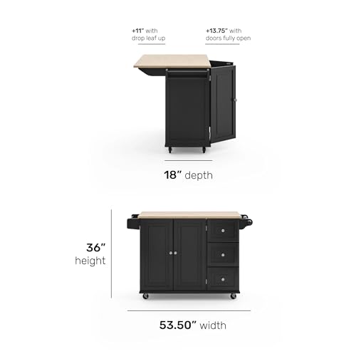 Homestyles Dolly Madison Black Mobile Kitchen Island Cart with Wood Drop Leaf Breakfast Bar - color: Black