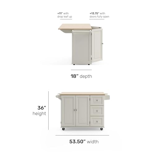 Homestyles Dolly Madison Off-White Mobile Kitchen Island Cart with Wood Drop Leaf Breakfast Bar - color: Soft White