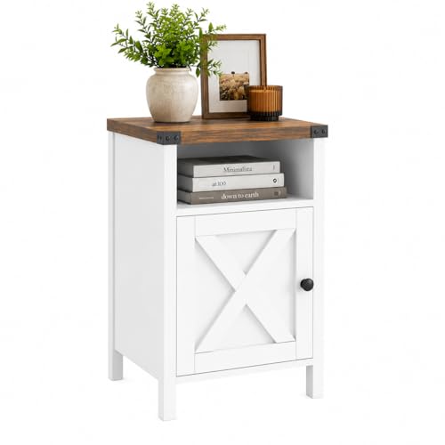 Farmhouse Nightstand, Side Table, End Table with Barn Door and Shelf, Modern Bed Side Table End Table, Rustic Nightstands Set for Bedroom, Living Room, White - color: White