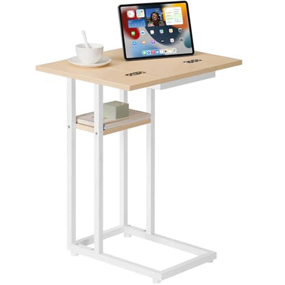 HOOBRO Foldable C Shaped End Table, C Shaped Side Table with Storage Shelf, Small Snack Table, Slide Under Couch Table for Sofa, Living Room Bedroom Small Spaces Easy Assembly, Natural WN29SF01 - color: White + Natural