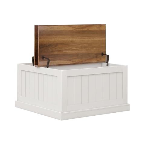 31.5" Farmhouse Coffee Table, Flip Top Coffee Square Table with Storage Compartment, Wooden Rustic Cocktail Table for Living Room, Bedroom, Apartment, Studio, White - color: White