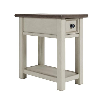 Signature Design by Ashley Bolanburg Narrow End Table, Charging Station | Slim 14-inch profile with USB charging, Wood, White oak veneers and engineered wood, Farmhouse style for small living rooms - color: Dark Brown & White