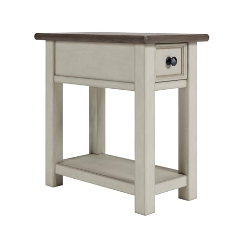 Signature Design by Ashley Bolanburg Narrow End Table, Charging Station | Slim 14-inch profile with USB charging, Wood, White oak veneers and engineered wood, Farmhouse style for small living rooms - color: Dark Brown & White