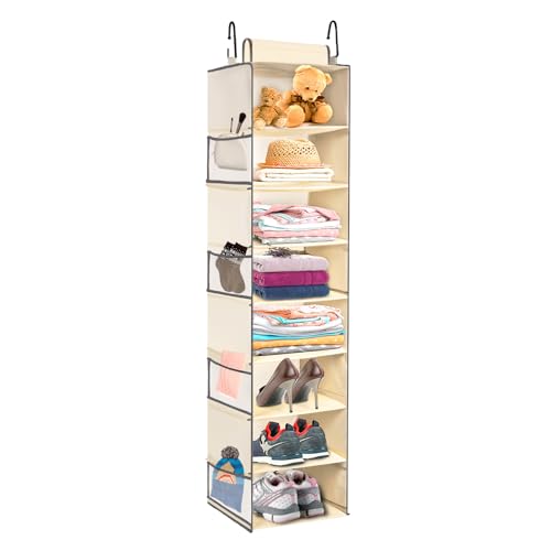 Large-Sized Hanging Shoe Organizer 8-Shelf, Hanging Closet Organizer with 8 Side Pockets, Wider Hanging Shelves for Storage Shoes Clothes 9" W × 11.8" D× 48" H, Beige. - color: Beige, size: 1 pack