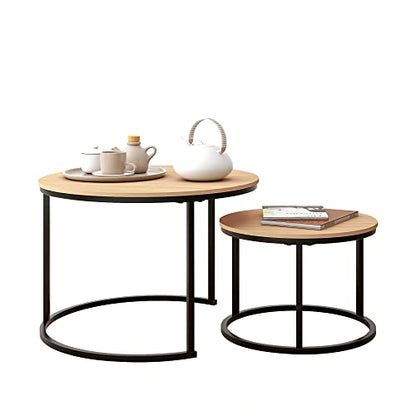 HOJINLINERO Round Nesting Coffee Table Set of 2,Cocktail Table,Large,Oak | Center Table for Living Room,Small Apartment,Small Space,Stacking Side Tables,Wood Tabletop,Sturdy and Easy to Assemble - color: Bk+oakdk, size: Large
