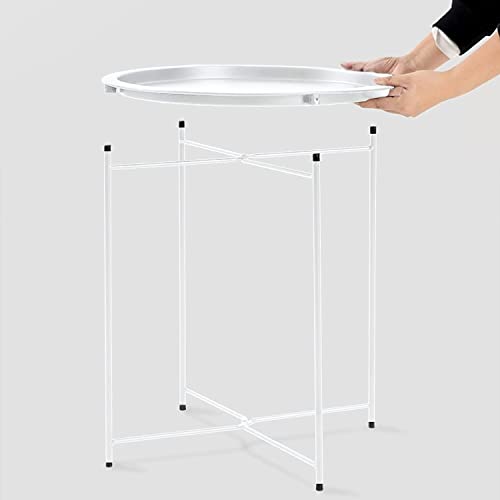 Garden 4 you End Table Metal Side Table Round Folding Tray Cyan Sofa Small Accent Fold-able Table, Round End Table Tray, Next to Sofa Table, Snack Table for Living Room and Bed Room,White - color: White