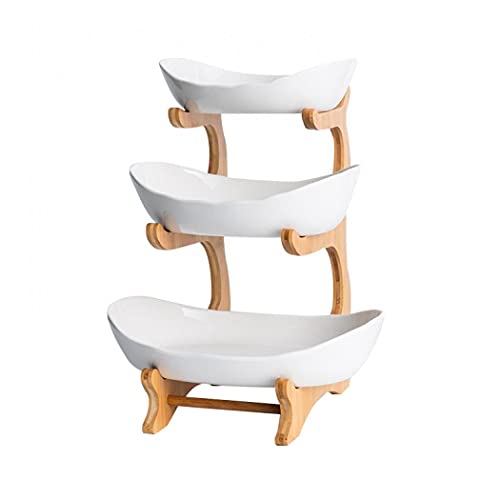 3 Tier Fruit Bowl With Bamboo Stand for Kitchen Counter,Ceramic Fruit Basket Large Capacity for Fruit Vegetable Storage,Snack Dessert Cake Tray Plate Rack for Party Wedding (White) - color: white porcelain