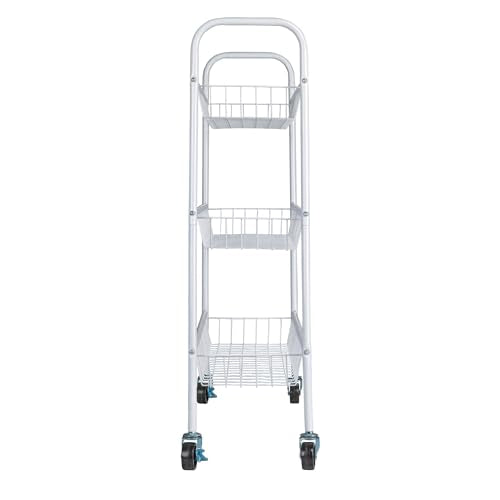 Household Essentials 3-Tier Slim Storage Cart, Heavy-Duty Steel Frame, Smooth Casters with Locks, Powder Coat Finish, Arched Handles, Easy to Assemble, Modern, Compact, White - color: White