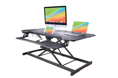 Rocelco 46" Electric Standing Desk Converter with AC Outlet USB Charger - Motorized Height Adjustable Sit Stand Up Triple Monitor Riser - Tabletop Workstation Large Keyboard Tray - Black (R EDRB-46) - color: Black, size: 46", style: Riser Only