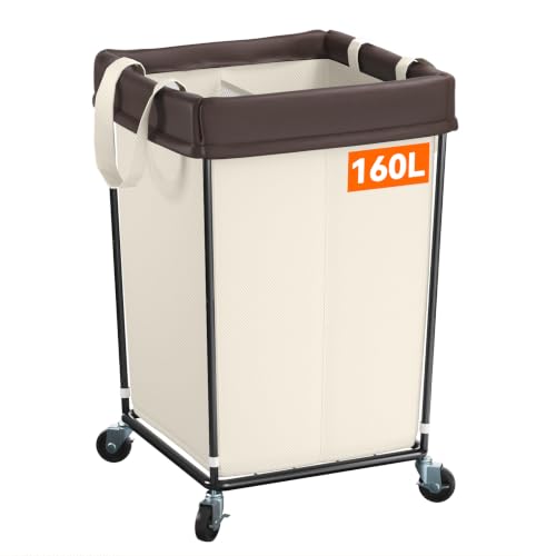 160L Rolling Laundry Basket with Wheels, 2-Section Rolling Laundry Hamper with Wheels, Double Laundry Hampers Cart on Wheels for Clothing Organizer, Hotel, Bedroom, Bathroom and Dorm, Beige - color: Beige, size: 160L