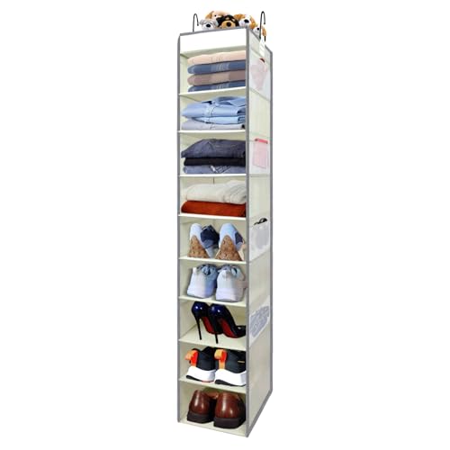 Large-Sized Hanging Shoe Organizer 10-Shelf, Sturdy Hanging Closet Organizer with 8 Side Pockets, Wider Hanging Shelves for Storage Shoes Clothes Jeans Shirts Toys, Beige - color: Beige, size: 1 pack