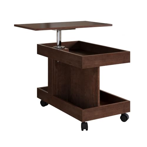 Multifunctional End Table with Wheels and 360° Rotating Desktop | Rolling Design, Storage Compartment, Sofa Side Narrow Table, Bedside Use, Living Room & Bedroom - color: Walnut-7.15