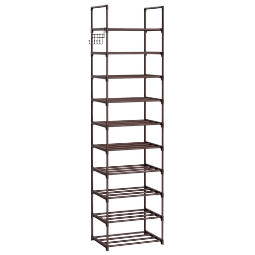 Tall 10 Tier Shoe Rack - 20-24 Pair Storage, Sturdy Metal Shoe Organizer with Hooks for Closet, Entryway, Brown - color: Brown