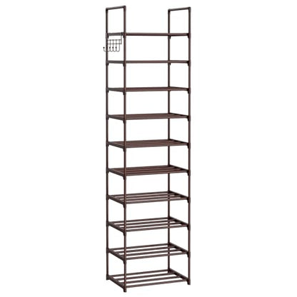 Tall 10 Tier Shoe Rack - 20-24 Pair Storage, Sturdy Metal Shoe Organizer with Hooks for Closet, Entryway, Brown - color: Brown