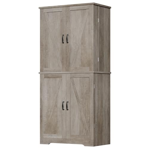 Vongrasig Kitchen Pantry Storage Cabinet with Barn Doors, Drawer and Adjustable Shelves, 6-Tier Tall Rustic Wood Cupboard Locker for Kitchen, Dining Room, Living Room, Bathroom, Rustic Grey - color: Rustic Grey