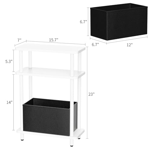 THUMEYE Narrow Side Table with Fabric Basket, 7" Wide, 3 Tier Skinny End Table with Wood Legs, Slim Nightstand/Bedside Table for Small Spaces, with Adjustable Feet, 15.7" L x 23" H, White - color: White, size: 3-Tier