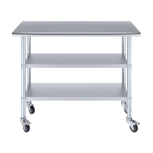 AmGood Stainless Steel Work Table with 2 Shelves and Casters | Metal Utility Table On Wheels (Stainless Steel Work Table with 2 Shelves + Casters, 48" Long x 18" Deep) - size: 48" Long x 18" Deep
