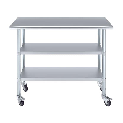 AmGood Stainless Steel Work Table with 2 Shelves and Casters | Metal Utility Table On Wheels (Stainless Steel Work Table with 2 Shelves + Casters, 48" Long x 18" Deep) - size: 48" Long x 18" Deep