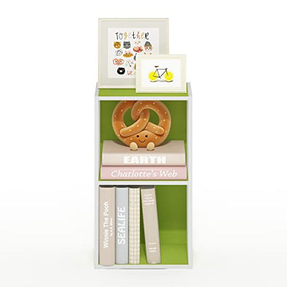 Furinno PASIR Book Shelf, 2-Tier Modern Bookshelf, Open Shelves Bookcase 9 x 12 x 21, Easy Assembly, for Living Room, Bedroom, Home Office, Green/White - color: White/Green, size: 2-Cube