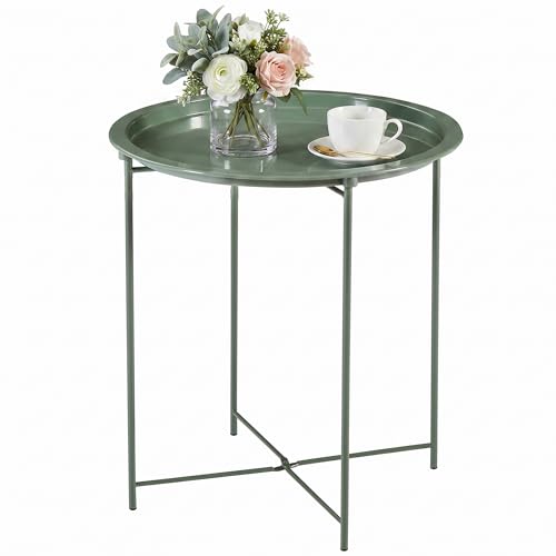 VECELO Side/End Table, Folding Round Metal Anti-Rust and Waterproof Outdoor or Indoor Tray for Living Room Bedroom Balcony and Office, 1 PCS, Dark Green - color: Dark Green, size: 1 PCS