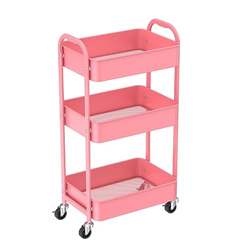 MAX Houser 3-Tier Rolling Utility Cart with Caster Wheels,Easy Assembly, for Kitchen, Bathroom (Pink) - color: Pink, size: 3-Tier Standard Cart