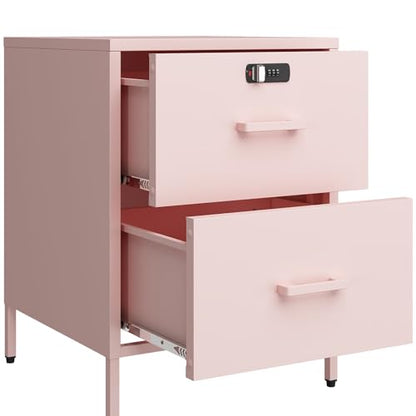 Steehoom Metal Nightstand with Lock, 2 Drawer End Side Table, Lockable Storage Cabinet Kids Cabinet for Living Room, Bedroom, Dorm, 21.26”H X 15.75”W X 15.75”D (2 Drawer, Pink) - color: Pink, style: 2 Drawer