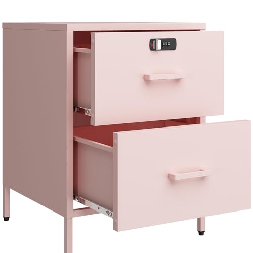 Steehoom Metal Nightstand with Lock, 2 Drawer End Side Table, Lockable Storage Cabinet Kids Cabinet for Living Room, Bedroom, Dorm, 21.26”H X 15.75”W X 15.75”D (2 Drawer, Pink) - color: Pink, style: 2 Drawer