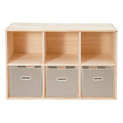 6 Cube Bookcase, 2-Tier Solid Wood Storage Organizer, Floor Standing Display Cabinet Bookshelf with 3 Fabric Baskets, Back Panels for Bedroom, Living Room, Office 35.4"W X 11.8"D X 23.6"H (Wood)
