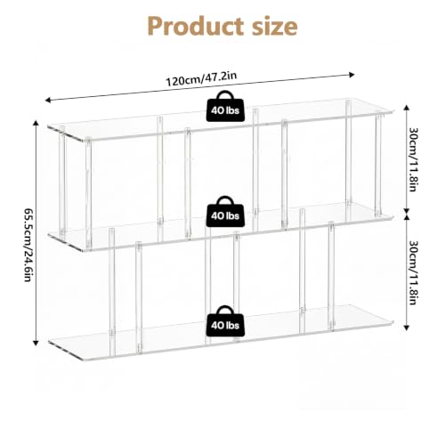 3-Tier Acrylic Wide Bookshelf 11.8''D X 47.2''W X 24.6''H Cube Organizer Shelf with Large Storage Easy Assembly for Home Office Living Room Bedroom