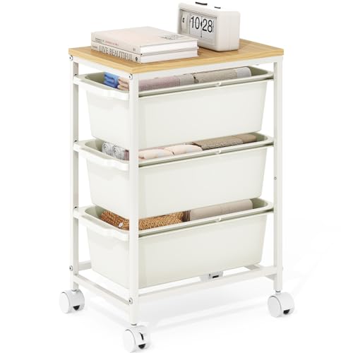 Slim Rolling Storage Cart with 3 Drawers, Craft Organizer, Wooden Tabletop Utility Cart for Bedroom, Children's Room and Office Organization, Under Desk Trolley with Lockable Wheels,White - color: White, size: 3-Tier