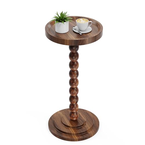 Round Wooden Side Table & Drink Table | Sturdy & Functional Mid-Century Modern Design with Solid Wood Columns for Living Room, Bedroom, Office & More - color: Brown