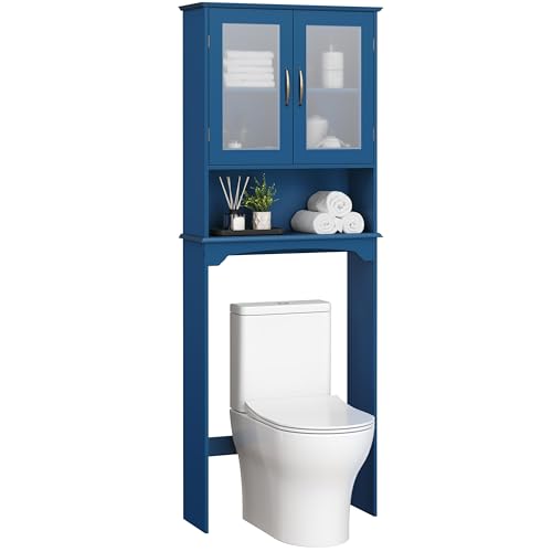 Yaheetech Over The Toilet Storage Cabinet, Free Standing Toilet Rack with Adjustable Shelves and Tempered Glass Doors for Bathroom Washroom, Navy Blue - color: Navy Blue