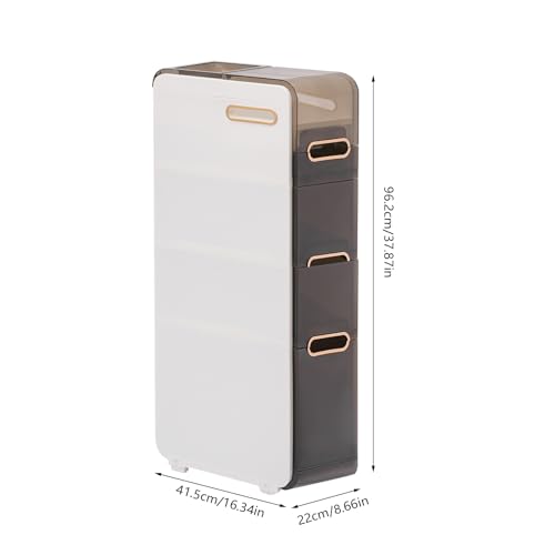 Plastic Narrow Storage Cabinet, Vertical Bathroom Storage Unit 4-Tier Slim Organizer Tower with Toilet Paper Holder Side Unit for Towels Shampoo Cosmetics