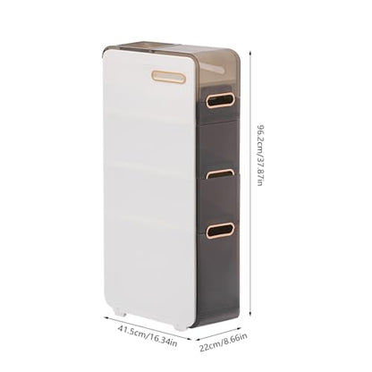 Plastic Narrow Storage Cabinet, Vertical Bathroom Storage Unit 4-Tier Slim Organizer Tower with Toilet Paper Holder Side Unit for Towels Shampoo Cosmetics