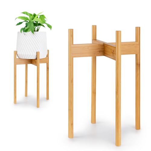 Fox & Fern Mid Century Tall Plant Stand — 10 Inch Fixed Size Raised Bamboo Plant Stand for Indoor Pots (Not Included) - Modern Flower Pot Holder with Plug In Design - Easy to Assemble - Bamboo - color: Bamboo - Tall, size: 10 Inch - Fixed