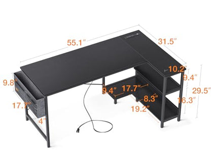 ODK 55 Inch Small L Shaped Computer Desk with Power Outlets, Corner Desk with PC Stand & Reversible Storage Shelves for Small Space Home Office Workstation, Modern Simple Writing Study Table, Black - size: 55 inch