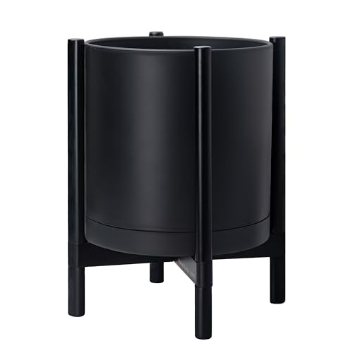D'vine Dev Plastic Pot with Ebony Wood Stand, Black, 16 in, 55-C-Z-2 | Mid-Century Inspired Design, Elevated Plant Display, Clean Lines, Sturdy Support, Modern Space-Saving Style - color: Matte Black Pot + Ebony Stand, size: 16 Inch