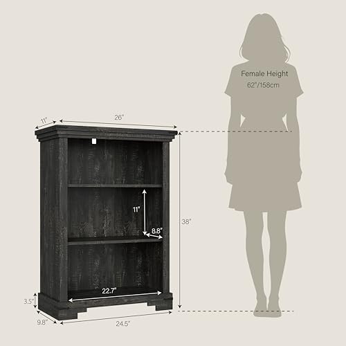 3-Tier Farmhouse Bookshelf, Book Shelf with Open Storage & One Adjustable Shelf, 9.8" D x 26" W x 38" H, Wooden Bookshelf for Study Room, Living Room, Kitchen, Bedroom (Black) - color: Black
