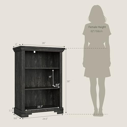 3-Tier Farmhouse Bookshelf, Book Shelf with Open Storage & One Adjustable Shelf, 9.8" D x 26" W x 38" H, Wooden Bookshelf for Study Room, Living Room, Kitchen, Bedroom (Black) - color: Black