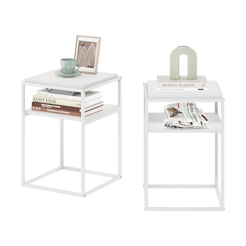 Furinno Moretti Side Table Set of 2, Stackable Metal Frame End Table with Open Shelf, Night Stand, Bedside Table, for Living Room, Bedroom, Solid White - color: Solid White/White, style: 2-Pack, Stackable Metal Frame
